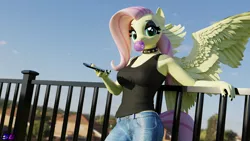 Size: 3840x2160 | Tagged: safe, artist:shadowboltsfm, derpibooru import, fluttershy, anthro, pegasus, plantigrade anthro, 3d, 4k, black nail polish, blender, breasts, bubblegum, busty fluttershy, choker, clothes, eyeshadow, female, fluttergoth, food, goth, gum, image, jeans, lipstick, looking at you, makeup, mobile phone, nail polish, not sfm, pants, phone, png, solo, spiked choker, tanktop
