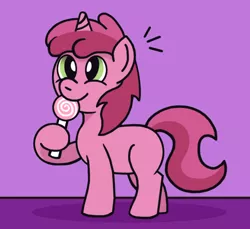 Size: 721x661 | Tagged: safe, artist:gogglesparks, derpibooru import, ruby pinch, pony, unicorn, candy, candy shop, cracking, crunch, cute, female, filly, food, herbivore, lollipop, pinchybetes, purple background, shadow, shop, simple background, sweet