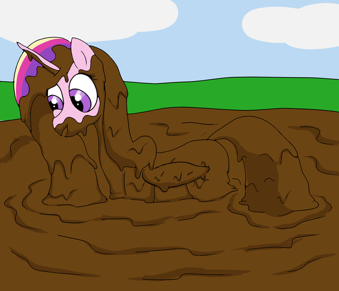 Size: 1400x1200 | Tagged: safe, artist:amateur-draw, derpibooru import, princess cadance, alicorn, pony, covered in mud, female, mare, mud, mud bath, muddy, princess, request, requested art, simple background, solo, swimming, wet and messy
