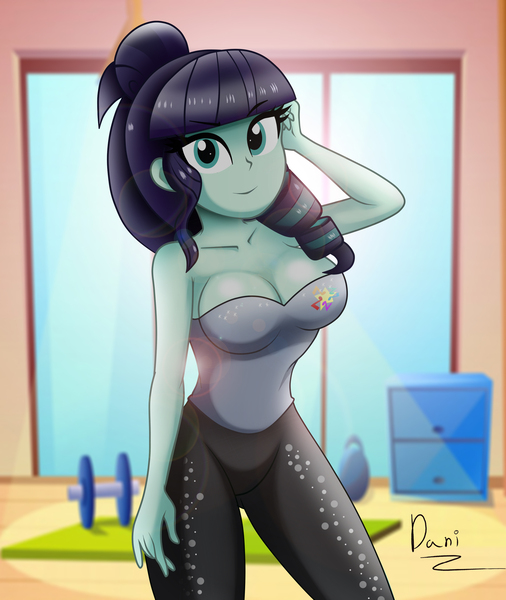 Size: 2700x3200 | Tagged: suggestive, artist:danielitamlp, derpibooru import, coloratura, equestria girls, big breasts, breasts, busty coloratura, cleavage, clothes, female, high res, indoors, looking at you, pants, rara, signature, smiling, solo, solo female