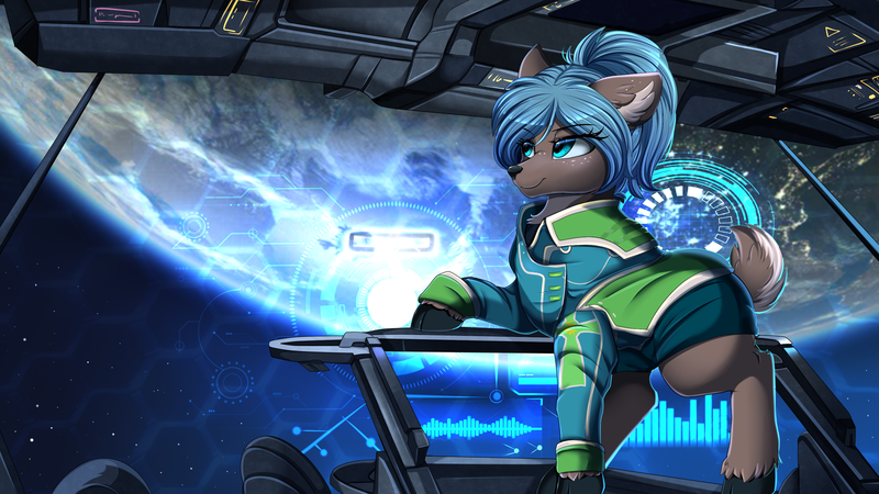 Size: 2920x1642 | Tagged: safe, artist:pridark, derpibooru import, oc, unofficial characters only, deer, blue eyes, clothes, commission, deer oc, indoors, navigation, planet, solo, space, stars