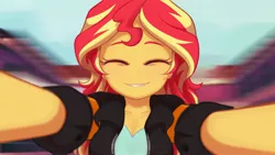 Size: 4000x2250 | Tagged: safe, artist:maren, derpibooru import, sunset shimmer, equestria girls, friendship games, blurred background, breasts, bust, busty sunset shimmer, canterlot high, cleavage, cute, daaaaaaaaaaaw, eyes closed, female, high res, offscreen character, pov, reaching out, shimmerbetes, smiling, solo