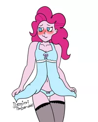 Size: 2900x3600 | Tagged: source needed, suggestive, artist:demitri, derpibooru import, pinkie pie, equestria girls, :3, adorasexy, belly button, blue background, blushing, blushing profusely, bow, breasts, busty pinkie pie, choker, cleavage, clothes, cute, diapinkes, ear blush, embarrassed, female, lingerie, looking away, nightgown, panties, ribbon, sexy, signature, simple background, small breasts, socks, solo, stockings, stupid sexy pinkie, thigh highs, underwear, white background