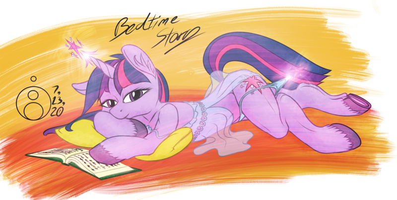 Size: 1500x755 | Tagged: suggestive, artist:sepiakeys, derpibooru import, twilight sparkle, pony, unicorn, baby doll underwear, book, clothes, language, lidded eyes, nightgown, panties, panty pull, pillow, see-through, solo, thong, underwear, unicorn twilight