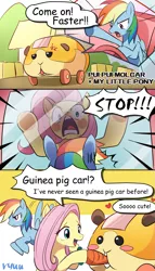Size: 1755x3072 | Tagged: safe, artist:ryuu, derpibooru import, fluttershy, rainbow dash, hamster, pegasus, pony, blush sticker, blushing, car, carrot, comic, cross-popping veins, crossover, cute, dialogue, driving, eating, female, floating heart, food, guinea pig, heart, mare, open mouth, pui pui molcar, rainbow dash is not amused, that pony sure does love animals, unamused