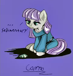 Size: 660x686 | Tagged: safe, artist:@cameron, derpibooru import, maud pie, earth pony, pony, maud pie (episode), cute, looking down, maud being maud, rock, scene interpretation, sitting, talking