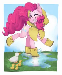 Size: 3109x3775 | Tagged: safe, artist:taytinabelle, derpibooru import, pinkie pie, bird, duck, earth pony, pony, booties, boots, button, chest fluff, clothes, cloud, cute, cutie mark, diapinkes, dock, duckling, ear fluff, eyes closed, female, grass, happy, hoodie, jacket, mare, playing, puddle, rain boots, raincoat, raised hoof, raised tail, shoes, sky, smiling, splash, splashing, tail, water