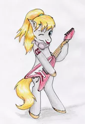 Size: 2256x3290 | Tagged: safe, artist:40kponyguy, derpibooru import, oc, oc:len, unofficial characters only, earth pony, pony, bipedal, ear fluff, guitar, headphones, hoof hold, looking at you, male, musical instrument, one eye closed, requested art, simple background, solo, stallion, traditional art, unshorn fetlocks