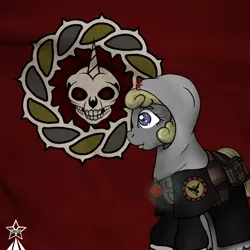 Size: 1000x1000 | Tagged: safe, artist:devorierdeos, derpibooru import, oc, oc:mercy faith, unofficial characters only, unicorn, fallout equestria, amulet, blue eyes, book, clothes, coat of arms, emblem, female, hood, horn, jewelry, red eye's army, skull, solo, spellbook