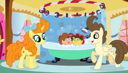 Size: 1024x587 | Tagged: safe, artist:velveagicsentryyt, derpibooru import, pound cake, pumpkin cake, oc, oc:party pie, oc:sugar high, pony, bathtub, offspring, older, parent:cheese sandwich, parent:pinkie pie, parents:cheesepie