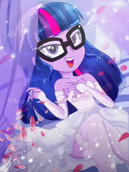 Size: 1800x2400 | Tagged: safe, artist:artmlpk, derpibooru import, sci-twi, twilight sparkle, equestria girls, adorable face, adorasexy, adorkable, alternate hairstyle, beautiful, bed, breasts, bride, clothes, curtains, cute, digital art, dork, dress, female, gloves, hand on chest, jewelry, lidded eyes, looking at you, open mouth, ring, rose petals, sexy, smiley face, smiling, socks, solo, stockings, thigh highs, twiabetes, watermark, wedding dress, wedding ring, wedding veil