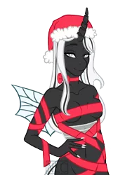 Size: 1838x2448 | Tagged: anthro, breasts, changeling, changeling queen, changeling queen oc, christmas, christmas changeling, commission, derpibooru import, female, hat, holiday, looking at you, oc, oc:queen venyx, ribbon, ribbon bikini, santa hat, self bondage, simple background, solo, solo female, suggestive, transparent background, unofficial characters only, white changeling, ych result