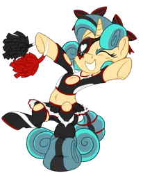 Size: 1782x2160 | Tagged: safe, artist:pirill, derpibooru import, oc, oc:fidget, unofficial characters only, pony, unicorn, bow, cheerleader, cheerleader outfit, clothes, compression shorts, eyebrows, eyepatch, eyes closed, grin, heart, horn, multicolored mane, pom pom, simple background, skirt, smiling, solo, tail stand, transparent background, underhoof