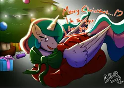 Size: 3457x2442 | Tagged: safe, artist:gryphon bbq, derpibooru import, princess celestia, alicorn, pony, bow, christmas, christmas tree, dialogue, female, gift wrapped, holiday, mare, open mouth, present, ribbon, solo, tree, wrapped