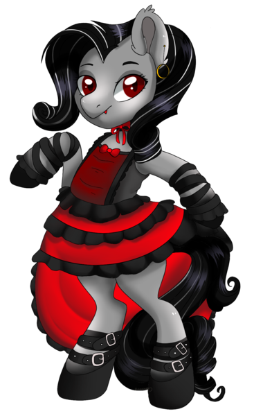 Size: 1153x1884 | Tagged: safe, artist:beashay, derpibooru import, oc, oc:valentora, unofficial characters only, bat pony, earth pony, pony, vampire, vampony, wingless bat pony, bipedal, bow, bowtie, buckle, choker, clothes, commission, curly mane, dress, ear piercing, earring, fangs, female, jewelry, looking at you, mare, piercing, red eyes, shoes, simple background, solo, standing, straps, striped mane, stripes, transparent background, wingless