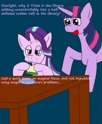 Size: 427x522 | Tagged: safe, artist:tbolt, derpibooru import, starlight glimmer, twilight sparkle, alicorn, unicorn, blue background, duo, eating, food, herbivore, implied trixie, sandwich, simple background, table