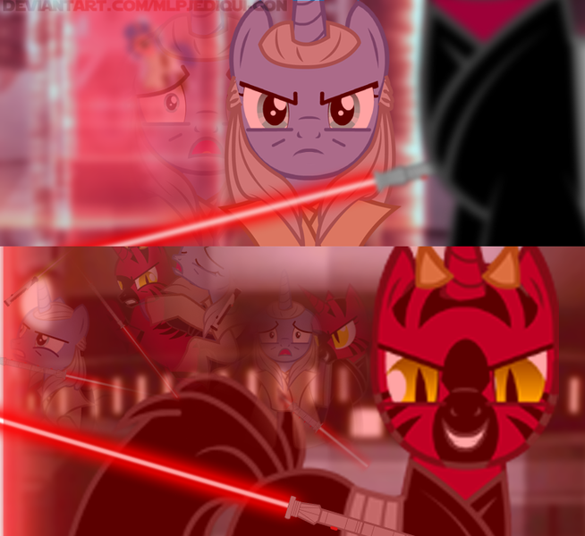 Size: 742x681 | Tagged: safe, derpibooru import, ponified, pony, unicorn, zabrak, alternate universe, alternative, darth, darth maul, death, duel of the fates, episode 1, jedi, jedi master, lightsaber, mlpau, obi-wan kenobi, prequel, qui-gon jinn, sith, stabbing, star wars, the phantom menace, weapon