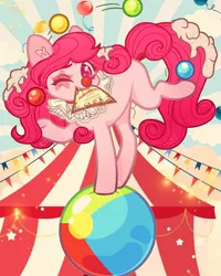 Size: 1080x1350 | Tagged: safe, artist:tea_fairyuwu, derpibooru import, oc, unofficial characters only, earth pony, pony, balancing, circus, clown, clown nose, earth pony oc, juggling, mouth hold, not pinkie pie, one eye closed, outdoors, red nose, solo, sunburst background, underhoof, wink