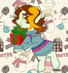 Size: 1080x1169 | Tagged: safe, artist:tea_fairyuwu, derpibooru import, oc, unofficial characters only, earth pony, pony, clothes, earth pony oc, grin, hat, pinecone, present, rearing, scarf, smiling, snowman, solo, sweater