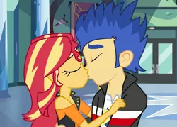 Size: 9000x6451 | Tagged: safe, artist:jadethepegasus, derpibooru import, flash sentry, sunset shimmer, equestria girls, female, flashimmer, kissing, male, shipping, straight