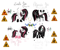 Size: 981x814 | Tagged: safe, artist:emalajiss36, derpibooru import, oc, oc:emala jiss, unofficial characters only, pegasus, pony, angry, black sclera, choker, clothes, eye scar, eyelashes, female, goth, grin, heterochromia, latex, latex suit, mare, pegasus oc, punk, raised hoof, reference sheet, scar, sign, simple background, smiling, socks (coat marking), sombra eyes, spiked choker, transparent background, wings