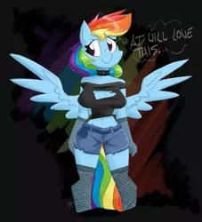 Size: 1500x1650 | Tagged: safe, artist:flutterthrash, derpibooru import, rainbow dash, anthro, pegasus, clothes, female, implied appledash, implied lesbian, implied shipping, socks, solo, stockings, text, thigh highs, wings