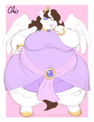 Size: 2550x3300 | Tagged: suggestive, artist:nekocrispy, derpibooru import, oc, oc:mitchy, unofficial characters only, alicorn, anthro, alicorn oc, breasts, crossdressing, crown, eyeshadow, fat, fat boobs, femboy, gold, horn, jewelry, kissy face, makeup, male, moobs, obese, one eye closed, regalia, solo, wings, wink