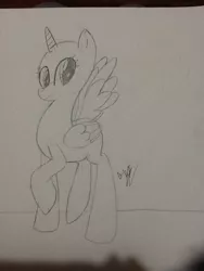 Size: 720x960 | Tagged: safe, artist:juliet-gwolf18, derpibooru import, oc, unofficial characters only, alicorn, pony, alicorn oc, bald, base, female, horn, lineart, mare, monochrome, raised hoof, solo, traditional art, wings