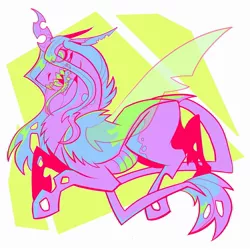 Size: 2000x2000 | Tagged: safe, artist:rockin_candies, derpibooru import, queen chrysalis, changeling, changeling queen, abstract background, fangs, female, forked tongue, horn, leonine tail, pastel, solo, swirly eyes, teeth, tongue out, wings