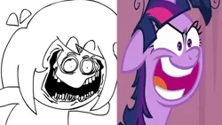 Size: 1280x720 | Tagged: alicorn, artist needed, a trivial pursuit, comparison, crazy face, derpibooru import, edit, edited screencap, face, faic, ill (johnknee and ill), johnknee and ill, messy mane, safe, screencap, shrunken pupils, sr pelo, twilight snapple, twilight sparkle, twilight sparkle (alicorn)