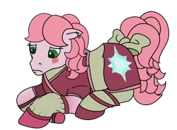 Size: 1270x931 | Tagged: safe, artist:muhammad yunus, derpibooru import, ponified, earth pony, pony, my little pony 'n friends, season 1, aelita schaeffer, base used, bow, clothes, code lyoko, cutie mark, cutie mark on clothes, ear piercing, female, floppy ears, g1, green eyes, lying down, mare, medibang paint, piercing, pink hair, sad, simple background, solo, tail bow, transparent background