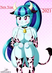 Size: 1220x1700 | Tagged: suggestive, artist:the-butch-x, derpibooru import, sonata dusk, equestria girls, adorasexy, bell, big breasts, bikini, breasts, busty sonata dusk, clothes, cow costume, cow girl, cow horns, cowbell, cowkini, cowprint, cowprint bikini, cute, female, grin, horns, looking at you, sexy, signature, smiling, solo, solo female, sonatabetes, string bikini, swimsuit, year of the ox