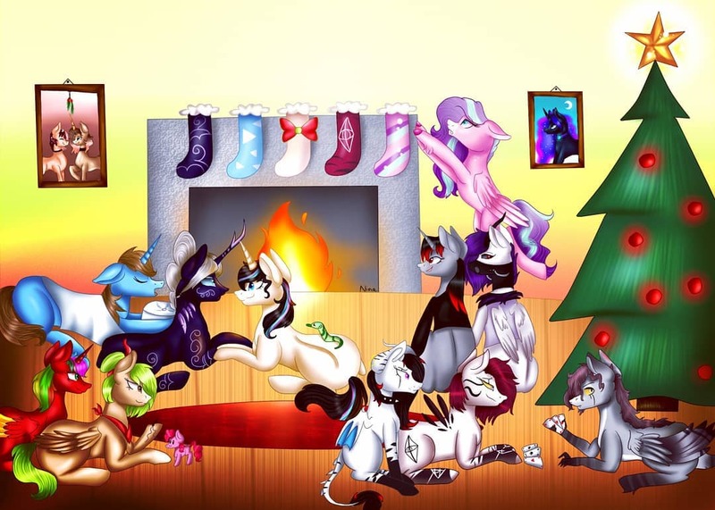 Size: 1080x771 | Tagged: safe, artist:rxndxm.artist, derpibooru import, oc, oc:emala jiss, oc:iris, oc:shooting star, alicorn, bat pony, pegasus, pony, unicorn, worm, alicorn oc, bat pony oc, bat wings, card, christmas, christmas stocking, christmas tree, face mask, female, fireplace, group, holiday, holly, holly mistaken for mistletoe, horn, indoors, lying down, mare, mask, pegasus oc, prone, smiling, tattoo, tree, two toned wings, unicorn oc, wings