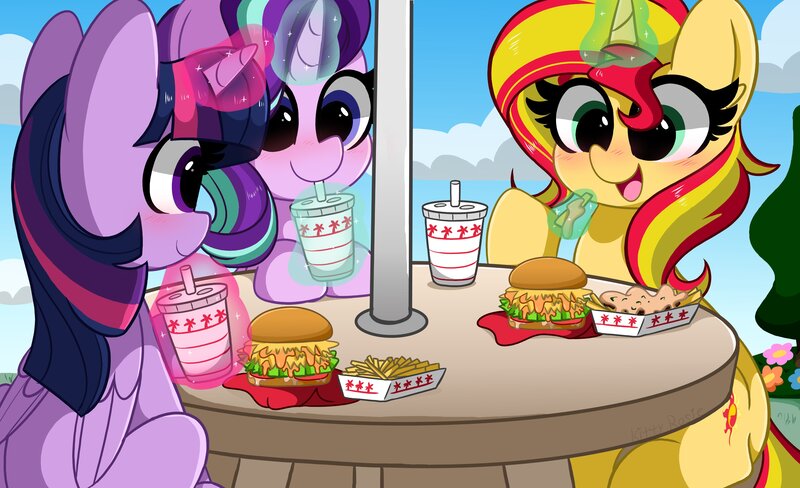 Size: 4096x2496 | Tagged: safe, artist:kittyrosie, derpibooru import, starlight glimmer, sunset shimmer, twilight sparkle, twilight sparkle (alicorn), alicorn, pony, unicorn, animal-style fries, blushing, burger, cute, digital art, female, food, french fries, glimmerbetes, hay fries, in-n-out, magic, mare, shimmerbetes, smiling, trio, twiabetes