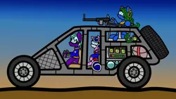 Size: 1024x577 | Tagged: safe, artist:dice-warwick, derpibooru import, oc, oc:harp melody, oc:slowtrot, oc:star charter, earth pony, pony, unicorn, fallout equestria, car, digital art, driving, ear piercing, fallout equestria: desperados, female, goggles, gun, gun nest, light strike vehicle, magical energy weapon, male, mare, mirage pony, piercing, rifle, spark battaries, stallion, vehicle, water tank, weapon