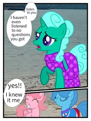 Size: 960x1280 | Tagged: safe, artist:muhammad yunus, derpibooru import, glitter drops, spring rain, ponified, alicorn, pony, unicorn, series:sprglitemplight diary, series:sprglitemplight life jacket days, aelita schaeffer, amused, base used, blue body, blue hair, clothes, code lyoko, comic, crossover, duo, eyes closed, female, green body, green hair, grin, gritted teeth, mare, medibang paint, open mouth, pink body, pink hair, real life background, smiling, text