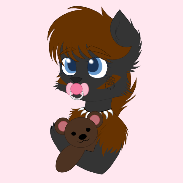 Size: 1841x1835 | Tagged: safe, artist:vaiola, derpibooru import, oc, oc:coco, oc:coco winchester, hybrid, original species, advertisement, avatar, baby, big eyes, bust, claws, commission, cute, ear fluff, eyebrows, eyebrows visible through hair, female, fluffy, hug, icon, jewelry, necklace, pacifier, pink background, portrait, shy, simple background, solo, teddy bear, ych result