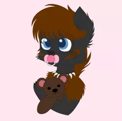 Size: 1841x1835 | Tagged: safe, artist:vaiola, derpibooru import, oc, oc:coco, oc:coco winchester, hybrid, original species, advertisement, avatar, baby, big eyes, bust, claws, commission, cute, ear fluff, eyebrows, eyebrows visible through hair, female, fluffy, hug, icon, jewelry, necklace, pacifier, pink background, portrait, shy, simple background, solo, teddy bear, ych result