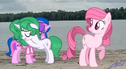 Size: 916x503 | Tagged: safe, artist:muhammad yunus, derpibooru import, oc, oc:annisa trihapsari, oc:choi sky, oc:hsu amity, alicorn, earth pony, pony, unicorn, base used, clothes, eyes closed, female, green hair, heart, mare, open mouth, pink body, pink hair, real life background, smiling, watch