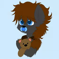 Size: 1841x1835 | Tagged: safe, artist:vaiola, derpibooru import, oc, oc:cherokee winchester, hybrid, original species, advertisement, avatar, baby, big eyes, blue background, bust, claws, colored sketch, commission, cute, ear fluff, eyebrows, eyebrows visible through hair, fluffy, hug, icon, male, pacifier, portrait, shy, simple background, solo, teddy bear, ych result