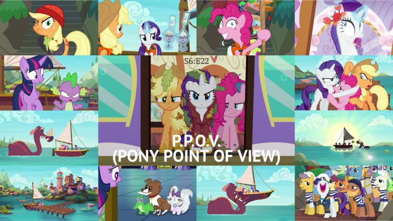 Size: 1972x1110 | Tagged: safe, derpibooru import, edit, edited screencap, editor:quoterific, screencap, anchors aweigh (character), applejack, gummy, opalescence, pinkie pie, rarity, spike, twilight sparkle, winona, alicorn, crab, tri-horned bunyip, ppov, boat, captain jackbeard, ocean, pier, seaward shoals, twilight sparkle (alicorn)