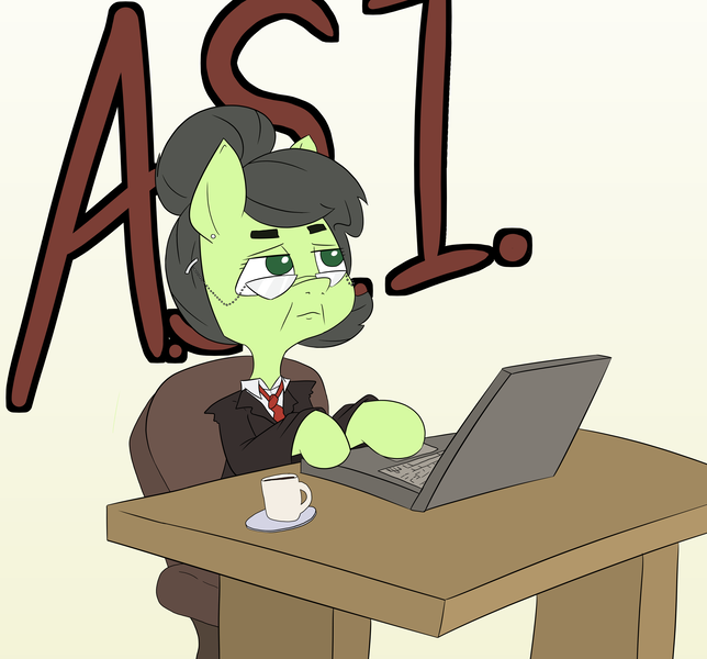 Size: 3000x2793 | Tagged: safe, artist:happy harvey, derpibooru import, oc, oc:anonfilly, earth pony, pony, clothes, coaster, coffee, coffee mug, colored pupils, computer, computer chair, desk, drawn on phone, elderly, female, filly, glasses, gray mane, hair bun, hairclip, laptop computer, looking up, mare, mug, necktie, older, sitting, suit