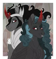 Size: 4000x4200 | Tagged: safe, artist:akumajdragon, derpibooru import, king sombra, oc, alicorn, changepony, hybrid, pony, unicorn, bust, father and child, father and son, interspecies offspring, male, offspring, parent:king sombra, parent:queen chrysalis, parents:chrysombra, stallion