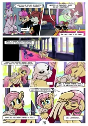 Size: 2100x3000 | Tagged: safe, artist:loryska, derpibooru import, angel bunny, fluttershy, oc, oc:clarabelle, oc:conundrum solar flare, oc:plumeria, earth pony, hybrid, pegasus, pony, unicorn, zony, comic:friendship grows, adopted offspring, ear fluff, offspring, parent:quibble pants, parent:rainbow dash, parent:sweetie belle, parents:quibbledash, tongue out, wing hands, wings