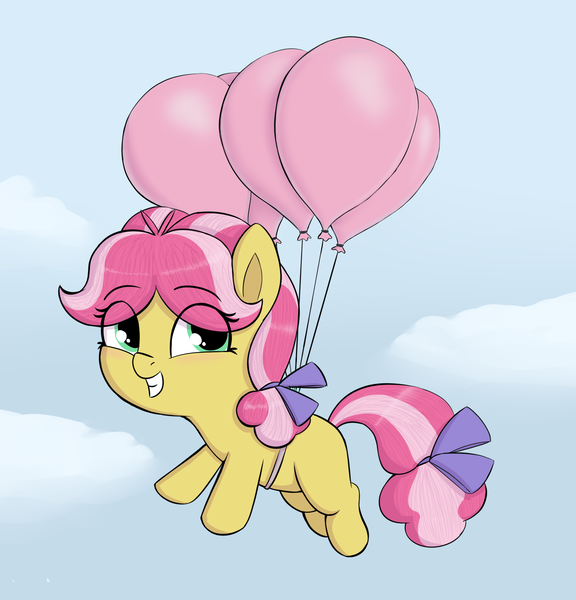 Size: 1812x1888 | Tagged: safe, artist:heretichesh, derpibooru import, kettle corn, earth pony, pony, balloon, blushing, bow, cloud, cute, female, filly, floating, flying, hair bow, happy, sky, tail bow