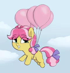 Size: 1812x1888 | Tagged: safe, artist:heretichesh, derpibooru import, kettle corn, earth pony, pony, balloon, blushing, bow, cloud, cute, female, filly, floating, flying, hair bow, happy, sky, tail bow