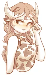 Size: 2302x3728 | Tagged: safe, artist:maren, derpibooru import, sunset shimmer, equestria girls, bell, blushing, cow costume, cow girl, cow horns, cowbell, cowprint, doodle, horns, lip bite, monochrome, partial color, simple background, sketch, solo, sunset shimmoo, white background