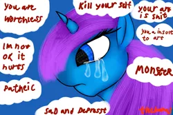 Size: 3000x2000 | Tagged: safe, artist:thebamas, derpibooru import, oc, oc:roxy, unicorn, artist hate, crying, crying inside, depressed, depression, hate, hater, insult, insulted, quotes, sad, solo, text