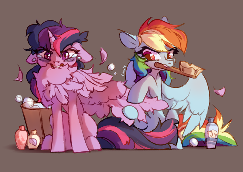 Size: 4093x2894 | Tagged: safe, artist:shore2020, derpibooru import, rainbow dash, twilight sparkle, twilight sparkle (alicorn), alicorn, pegasus, pony, bags under eyes, bath, brush, crying, duo, female, floppy ears, gray background, grooming, horn, preening, shampoo, simple background, soap, teary eyes, wings