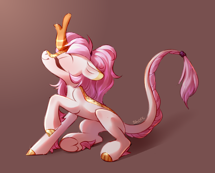 Size: 3583x2894 | Tagged: artist:shore2020, derpibooru import, eyes closed, kirin, kirin oc, oc, raised hoof, safe, simple background, sitting, smiling, solo, underhoof, unofficial characters only